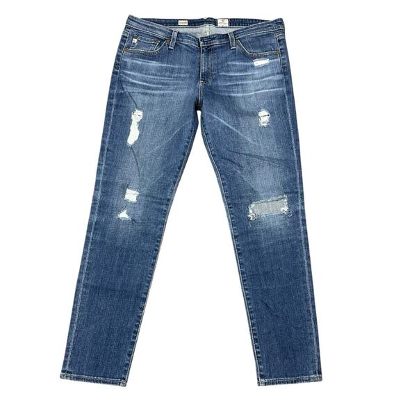 Ag Adriano Goldschmeid Stevie Slim Straight Ankle Distressed Blue Jeans Size 32 - Picture 1 of 6